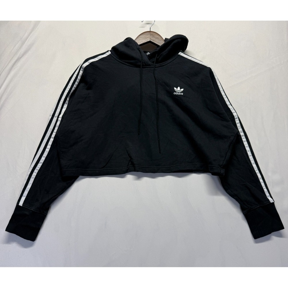 Adidas Cropped Hoodie Women Small Black‎ 3 Stripes Logo Cotton Ribbed Sportswear